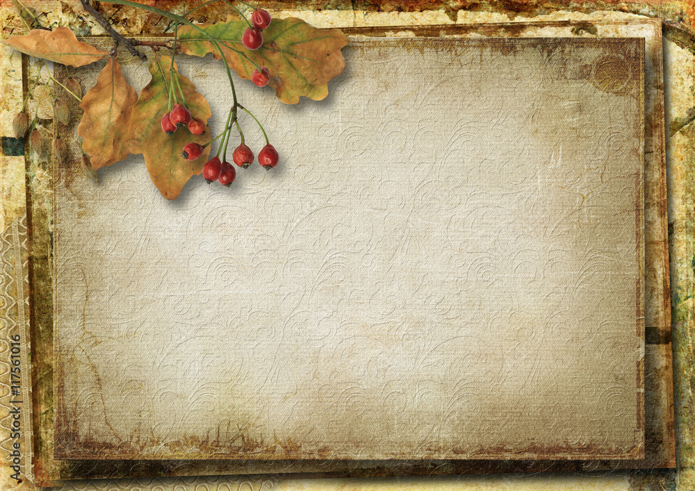 Plakat Grunge background with autumn leaves and rowan