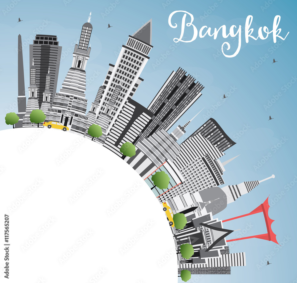 Bangkok Skyline with Gray Landmarks, Blue Sky and Copy Space.