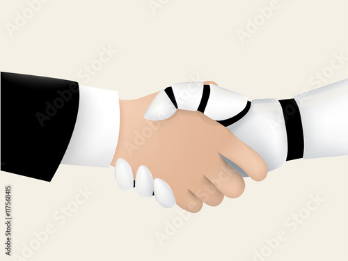 businessman shaking hand with intelligent robot, intelligent robot technology human friendly graphic design concept