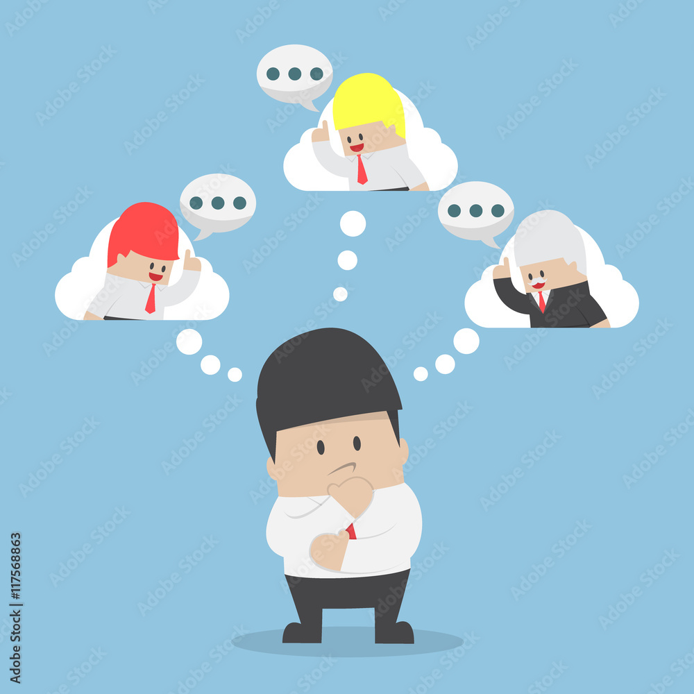 Businessman is considering about his colleague advices Businessman is considering about his colleague advices