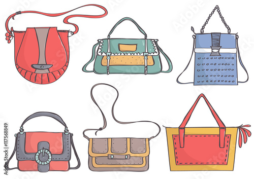 Set of stylish handbags. Bag collection, isolated.