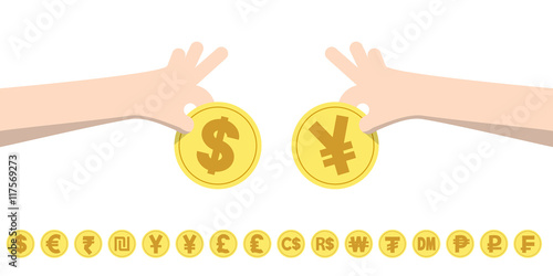 dollar exchange yen and coins for currency exchange rates illust