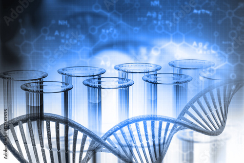 Lab, chemistry, DNA structure, on blue background. 3d illustration biochemistry concept .