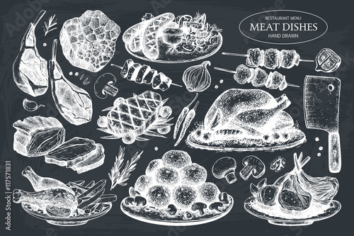 Vector collection of hand drawn meat illustration. Restaurant or butchery design elements. Vintage food sketch set on chalkboard.