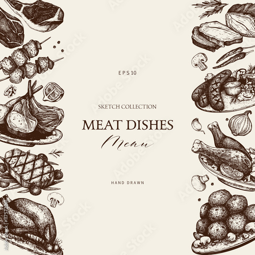 Vector design with hand drawn food illustration. Restaurant menu template. Vintage frame with meat products sketch.