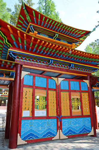 Nilova Pustyn, Russia - June, 11 2016: Gate to Burhan baabay - Buddhist datsan in Nilova Pustyn