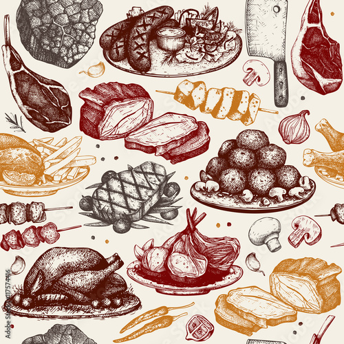 Vector seamless pattern with hand drawn meat illustration. Restaurant or butchery design. Vintage background with food sketch.