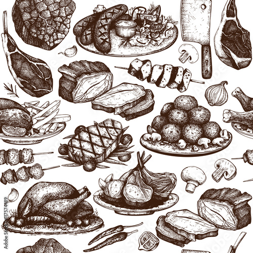 Vector seamless pattern with hand drawn meat illustration. Restaurant or butchery design. Vintage background with food sketch.