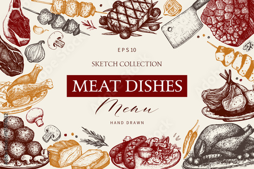 Vector design with hand drawn food illustration. Restaurant menu template. Vintage frame with meat products sketch