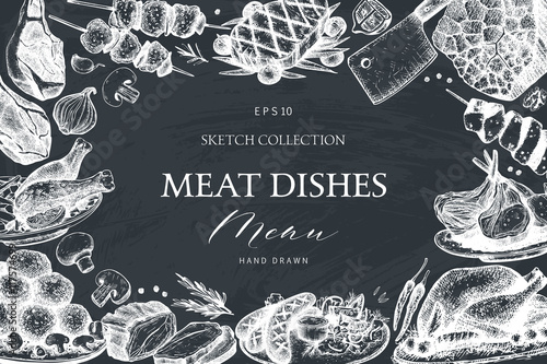 Vector design with hand drawn food illustration. Restaurant menu template. Vintage frame with meat products sketch