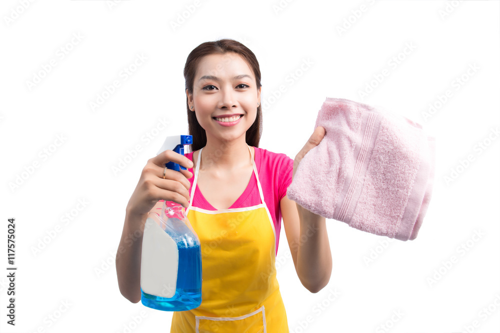 Portrait Of Happy Young Asian Maid Cleaning Glass With Sponge Portrait Of Happy Young Asian Maid Cleaning Glass With Sponge