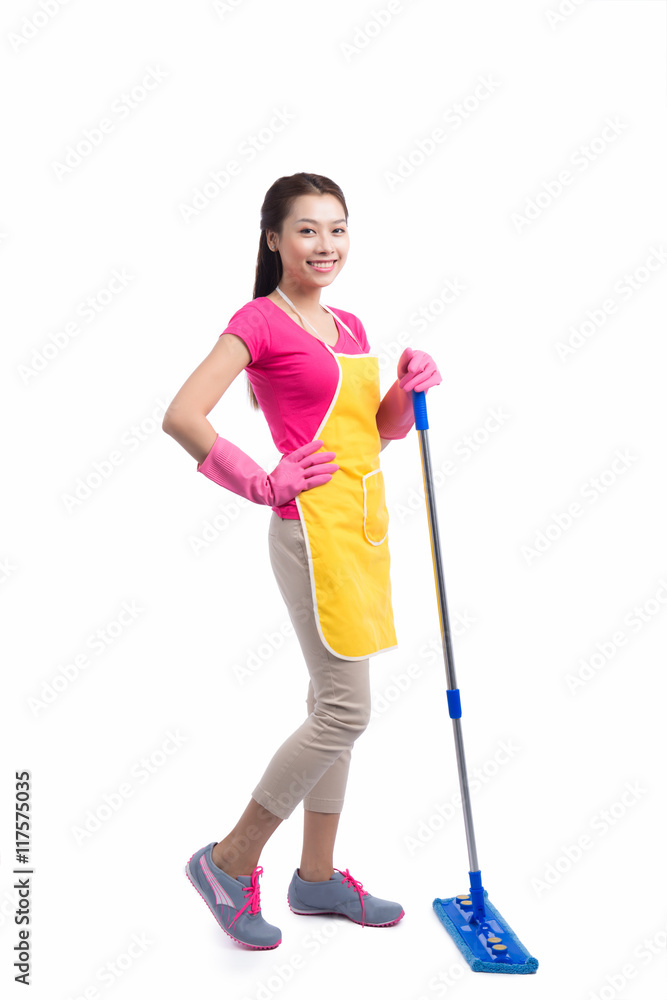 Portrait Of Young Asian housewife Cleaning Floor With Mop Portrait Of Young Asian housewife Cleaning Floor With Mop