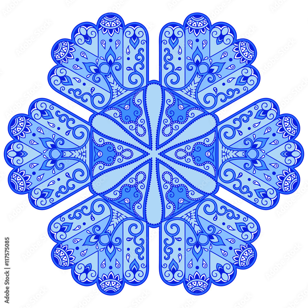 Blue mandala in the shape of snowflakes. Abstract winter pattern. Handmade Vector blue on a white background. Ethnic pattern in oriental style.
