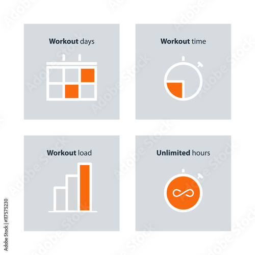 Sports gym, workout session, daily schedule arrangements, icons set