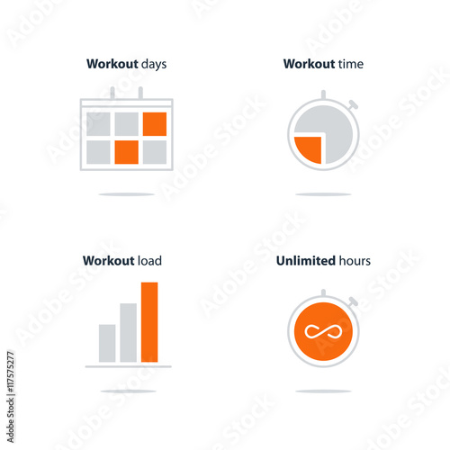 Sports gym, workout session, daily schedule arrangements, icons set