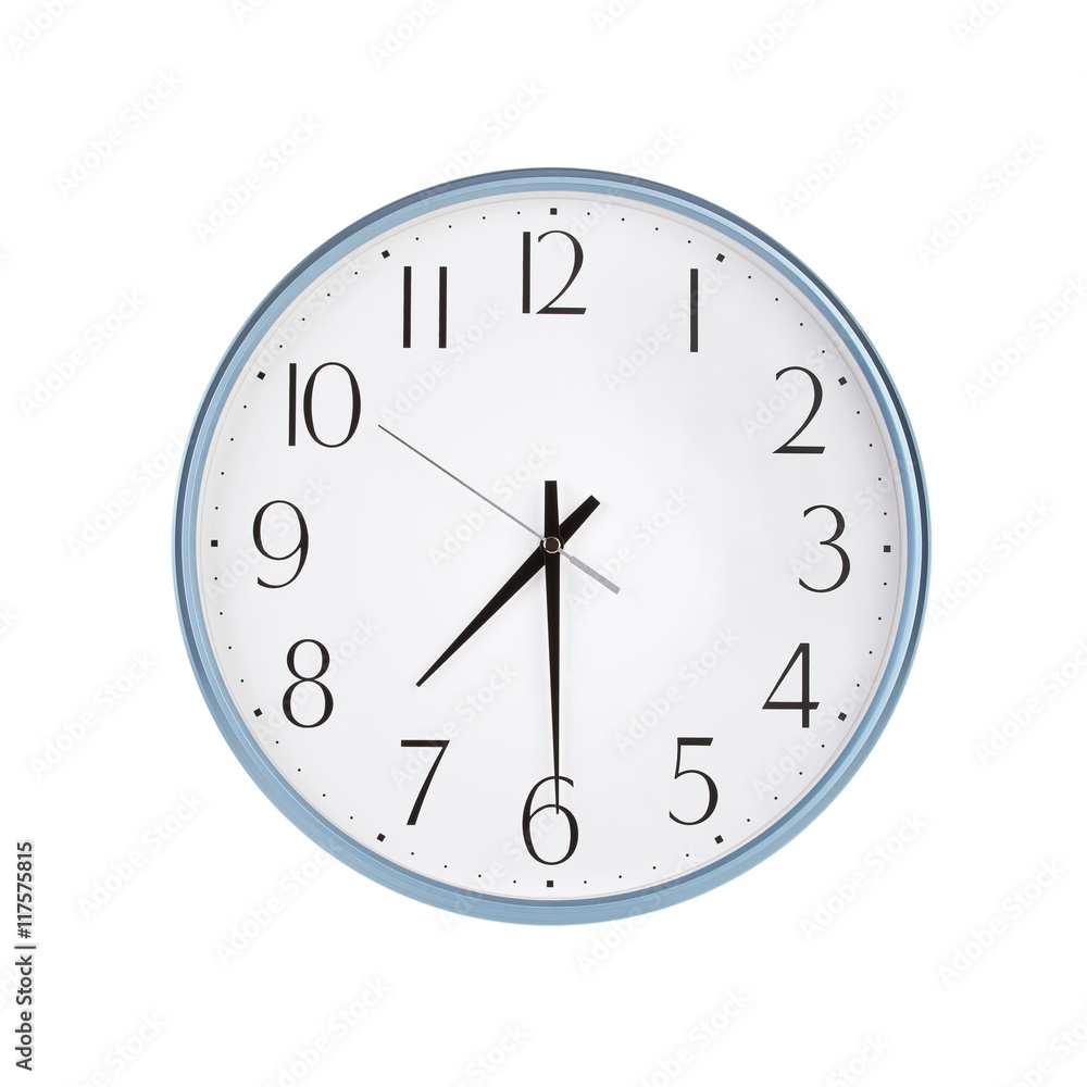 Round clock shows half past seven Round clock shows half past seven