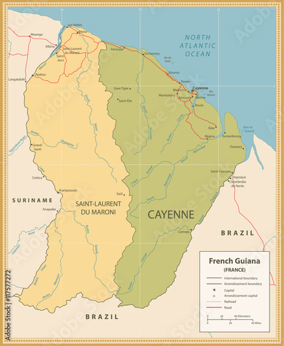 Vintage color Map of French Guiana with roads and rivers photo