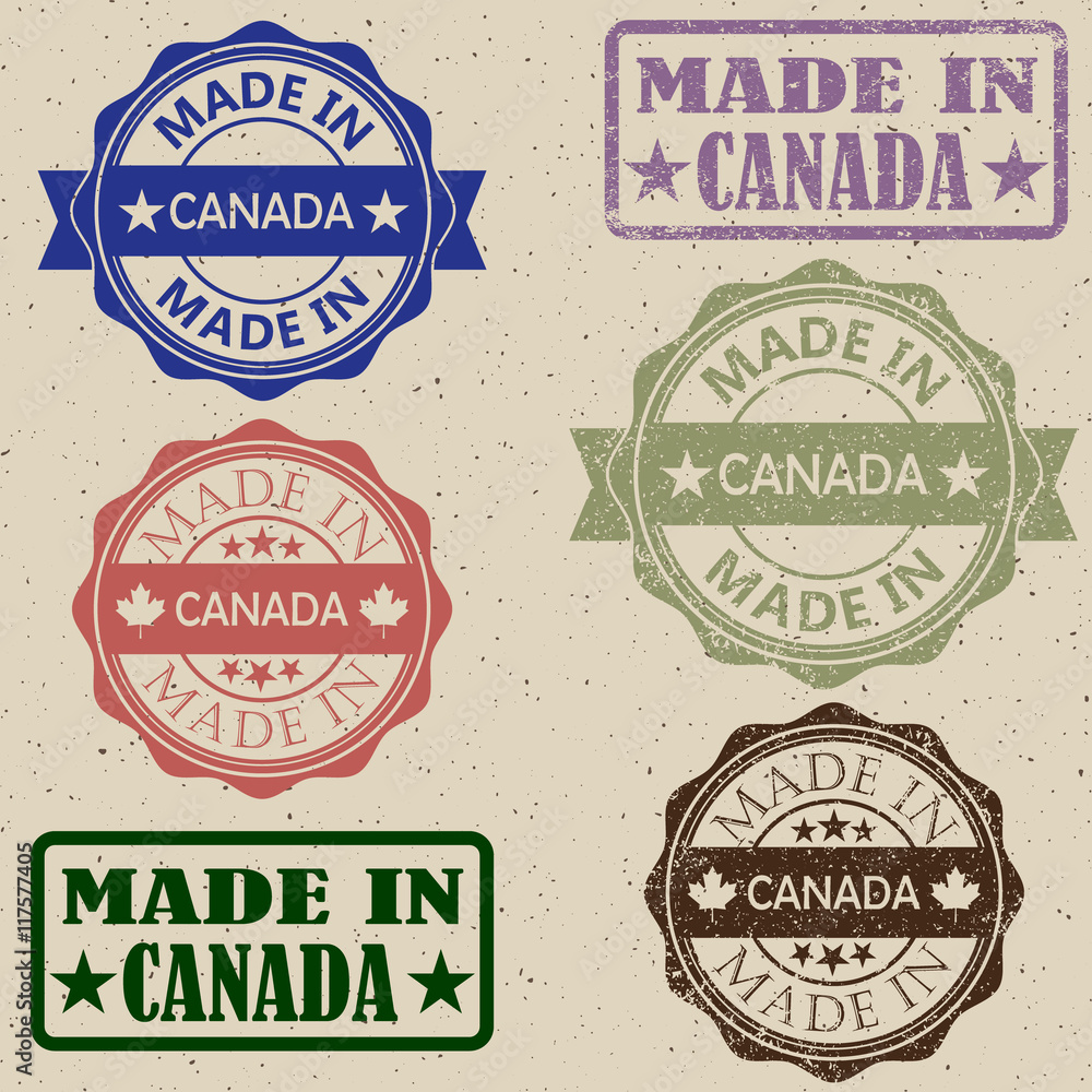 Fototapeta premium Set of grunge Canada maple leaf rubber stamp icons.Made in Canada stamp vector illustration set.