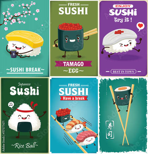 Vintage Sushi poster design with vector sushi character. Chinese word means sushi, green tea.