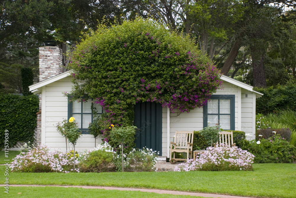 kleines idyllisches amerikanisches weißes Haus aus Holz mit Garten