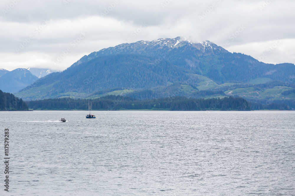 Alaskan Fishing Boats Near Mountain