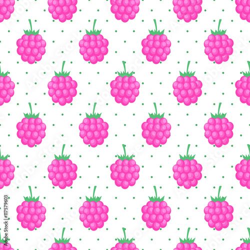 Seamless background with pink raspberry. Cute vector raspberry pattern. Summer fruit illustration on polka dots background. Design for textile, wallpaper, web, fabric and decor.