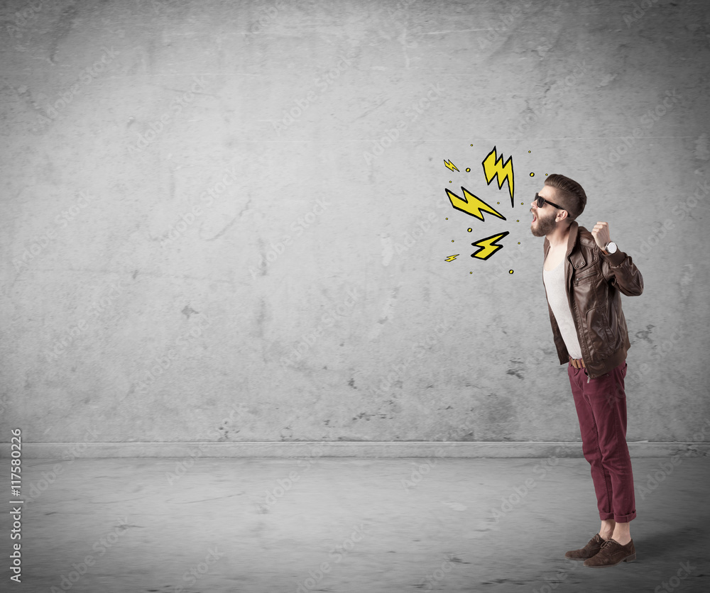 Funny hipster in fashion clothing shouting Funny hipster in fashion clothing shouting