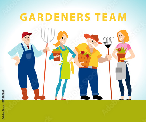 Vector flat profession characters. Human profession icon. Friendly, happy people portrait.  Gardening team, florist work group, people set. Cartoon style.