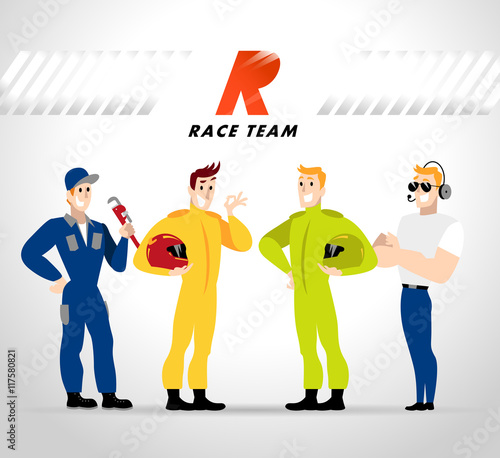 Vector flat profession characters. Human profession icon. Friendly, happy people portrait.  Sport race team, car service group, people set. Cartoon style. photo