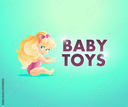 Summer cartoon illustration. Little cute baby girl portrait.