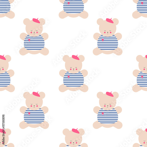 Teddy bear seamless pattern. Cute cartoon french style dressed teddy bear vector illustration on white background. Baby shower background. Fashion design for textile, wallpaper, web, fabric, decor etc