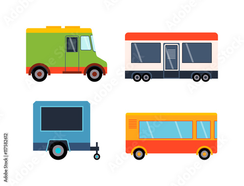 Street food festival color trailers labels set, van restaurant. Cafe urban food truck trailers, mobile market, event and transport. Vector illustration food truck trailers, fast delivery service.