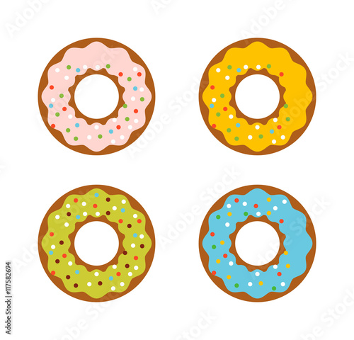 Cute sweet colorful donut. Chocolate or cream yummy cookie donuts food. Candy decoration color donut cake isolated fast food.