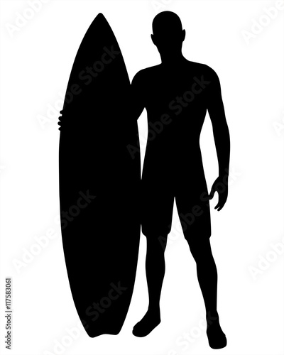 Silhouette of a man holding a surfboard.