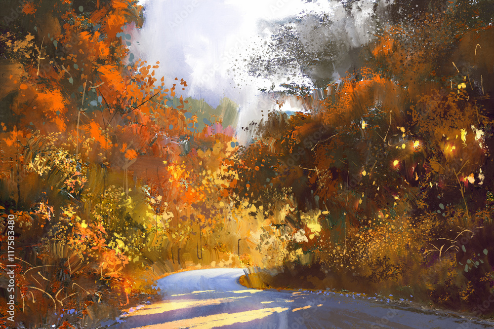 Obraz premium pathway through the colorful forest,autumn landscape painting,illustration