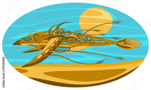 Fantastic flying and floating mechanism with wings, resembling a fish or a bird. Futuristic or steampunk tattoo design. Isolated vector collapsible composition.