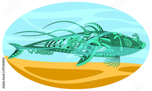 Fantastic floating mechanism reminiscent of a shark. Futuristic or steampunk tattoo design. Isolated vector collapsible composition.