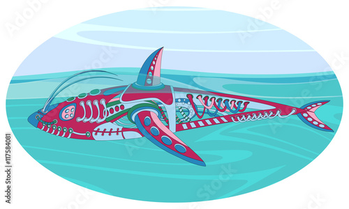 Fantastic floating mechanism reminiscent of a shark. Futuristic or steampunk tattoo design. Isolated vector collapsible composition.