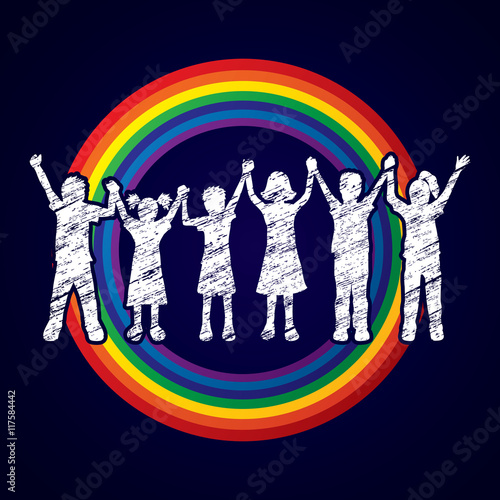 Children holding hands designed on line rainbows background graphic vector.