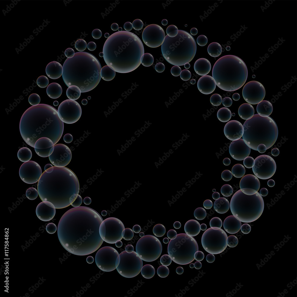 Bubbles - circular frame, black background, realistic three-dimensional illustration.
