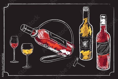 Drink menu elements on chalkboard. Restaurant blackboard for drawing. Hand drawn chalkboard  drink menu vector illustration. wine list, drink menu board, glass of the white wine and red wine