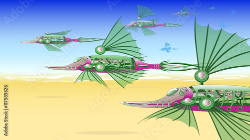 Fantastic flying and floating mechanism with wings, resembling a fish or a bird. Futuristic or steampunk design. Ratio 16:9. Isolated vector collapsible illustration.
