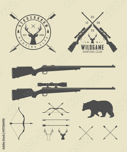 Set of vintage hunting labels, logo, badge and design elements.