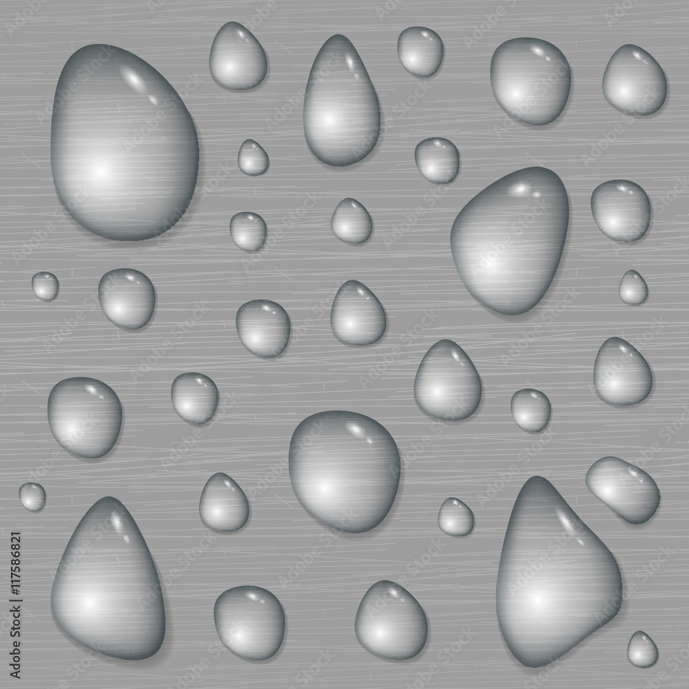 Big Water drops on a brushed metal background. Rain condensation on a bright steel, iron, aluminum surface template. Liquid droplets. Light clean dew, rainy day, abstract techno vector illustration. Big Water drops on a brushed metal background. Rain condensation on a bright steel, iron, aluminum surface template. Liquid droplets. Light clean dew, rainy day, abstract techno vector illustration.