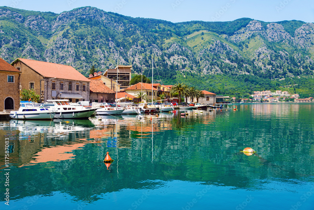 Bay of Kotor (Boka Kotorska) old town with yachts, Montenegro.