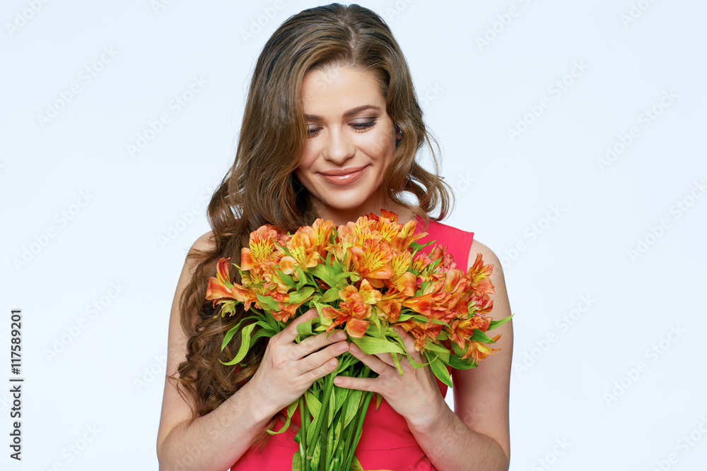 Close up face portrait of smiling woman with flowers. Close up face portrait of smiling woman with flowers.