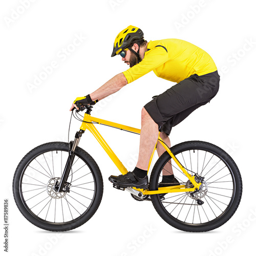 Fototapeta Naklejka Na Ścianę i Meble -  Mountainbiker / cyclist on yellow bike / Mountainbiker Radfahrer Radsportler auf gelbem Mountainbike