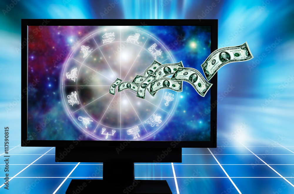 a pc monitor with zodiac and money like a concept astrology and success a pc monitor with zodiac and money like a concept astrology and success