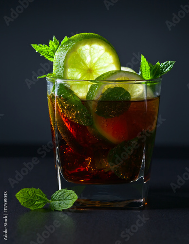 Photography cocktail  with cola, lime and peppermint