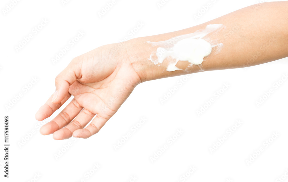 Woman hand with yogurt beauty skin care on white background